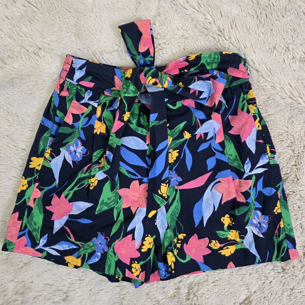 J Crew Floral Tie-waist Shorts Cotton Poplin Navy Blue Floral Pockets Size 2